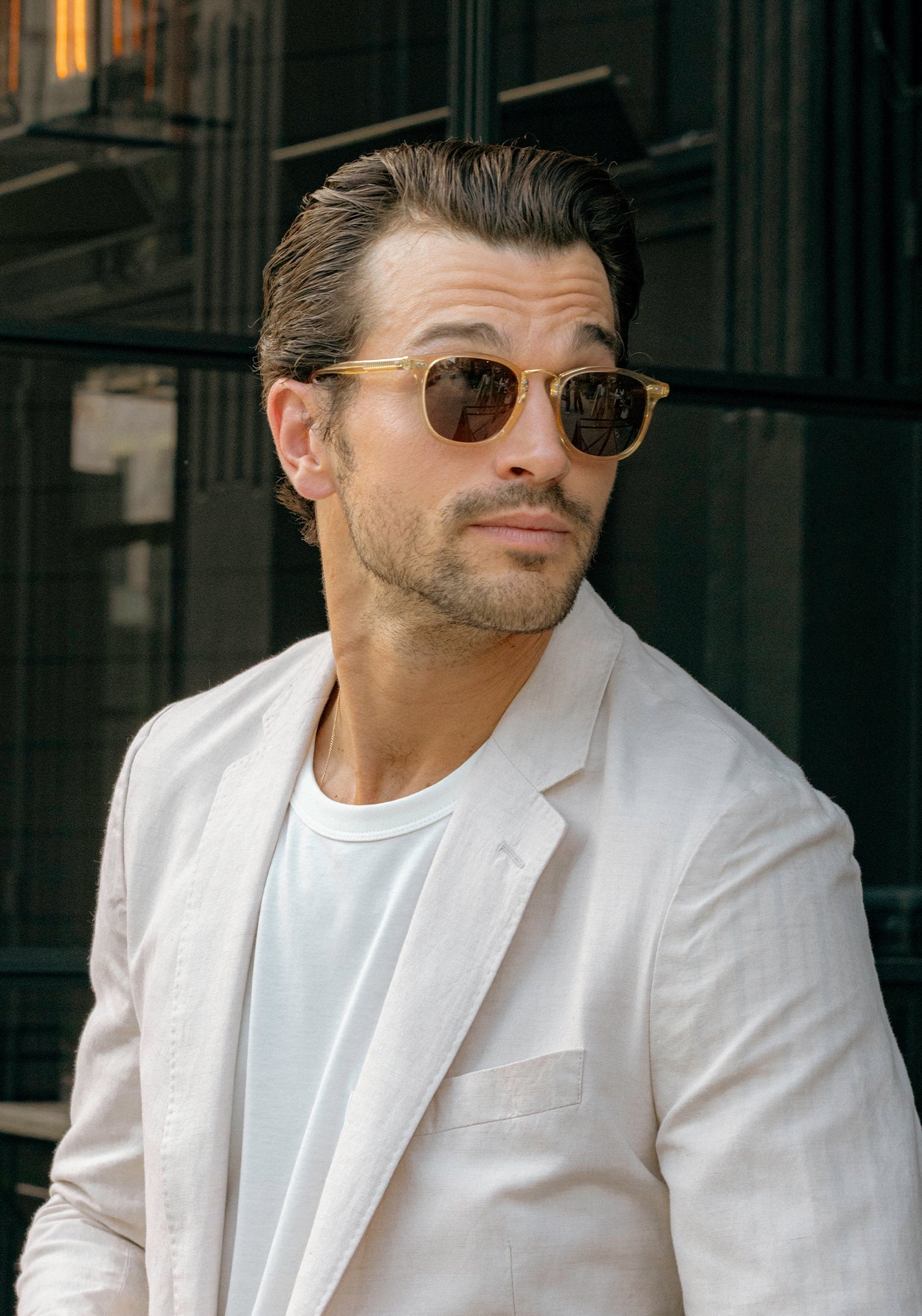 FRANKLIN | Champagne Polarized 24K Handcrafted, luxury yellow acetate KREWE sunglasses mens model campaign | Model: Paul