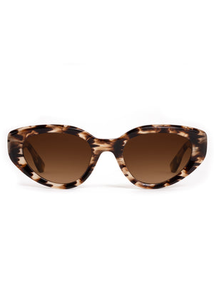 IRENE | Blonde Venezia Handcrafted, luxury brown tortoise acetate medium sized upswept oval wrap KREWE sunglasses