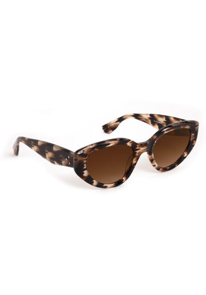 IRENE | Blonde Venezia Handcrafted, luxury brown tortoise acetate medium sized upswept oval wrap KREWE sunglasses