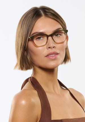JANE | Wasabi Handcrafted green orange gradient medium acetate cat-eye KREWE eyeglasses women's model | Model: Michelle