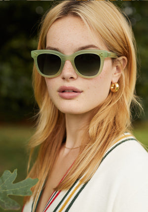 JENA | Basil luxury green acetate KREWE sunglasses womens model campaign | Model: Fletcher