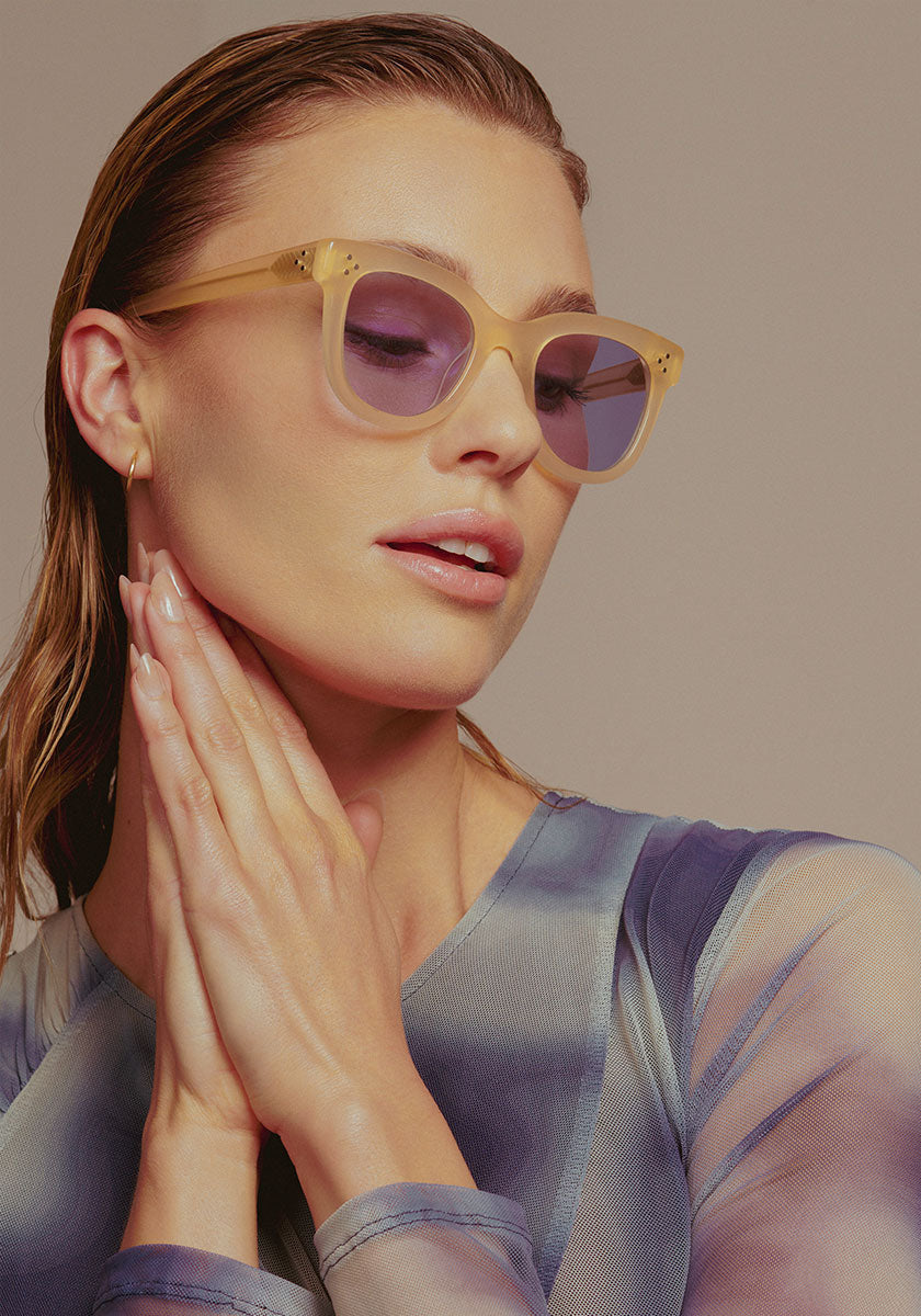 KREWE SUNGLASSES - JENA | Blonde + Custom Vanity Tint handcrafted, luxury blonde oversized sunglasses with custom blue tinted lenses womens model | Model: Keke
