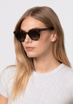 JENA | Venezia Handcrafted, luxury dark brown tortoise acetate square KREWE sunglasses womens model | Model: Maritza