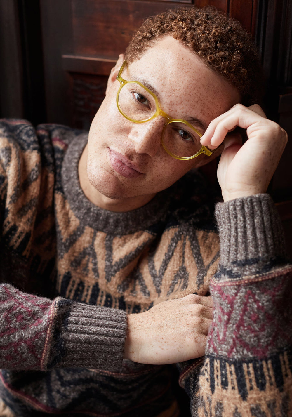 KREWE EYEGLASSES - JOEL | Chartreuse handcrafted, luxury yellow round glasses mens model campaign| Model: Dustin