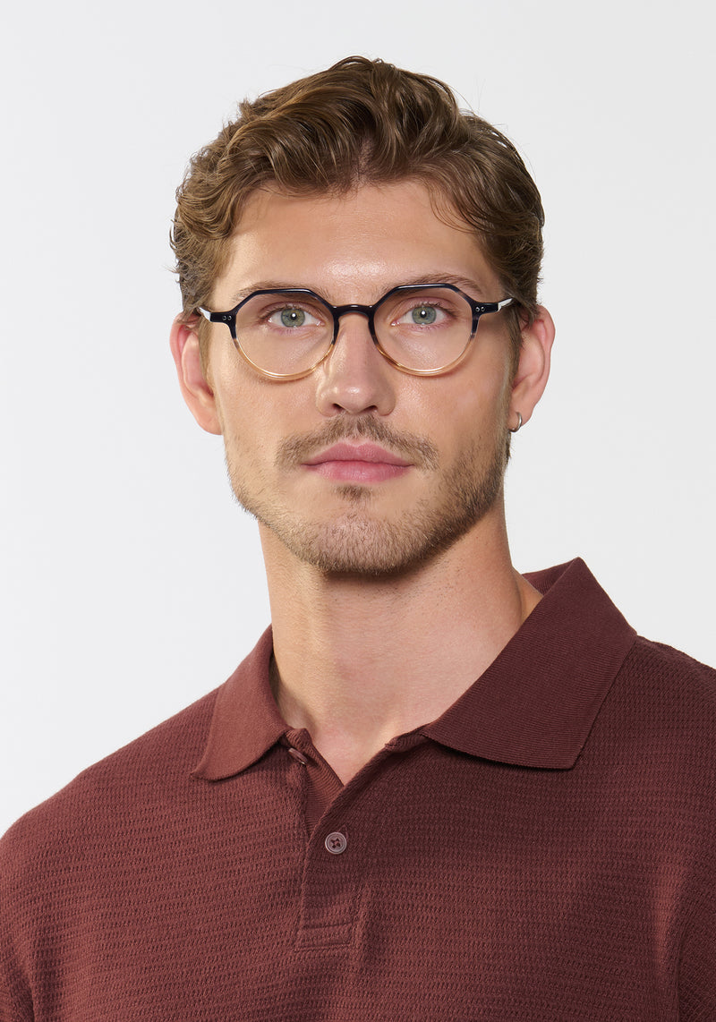 KREWE EYEGLASSES - JOEL | Comet + Twilight handcrafted, luxury blue and yellow split acetate round glasses mens model | Model: Linus