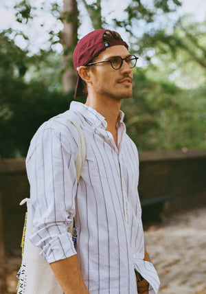 JOEL | Havana Handcrafted, luxury brown tortoise acetate small round octagonal KREWE eyeglasses mens model | Model: Linus