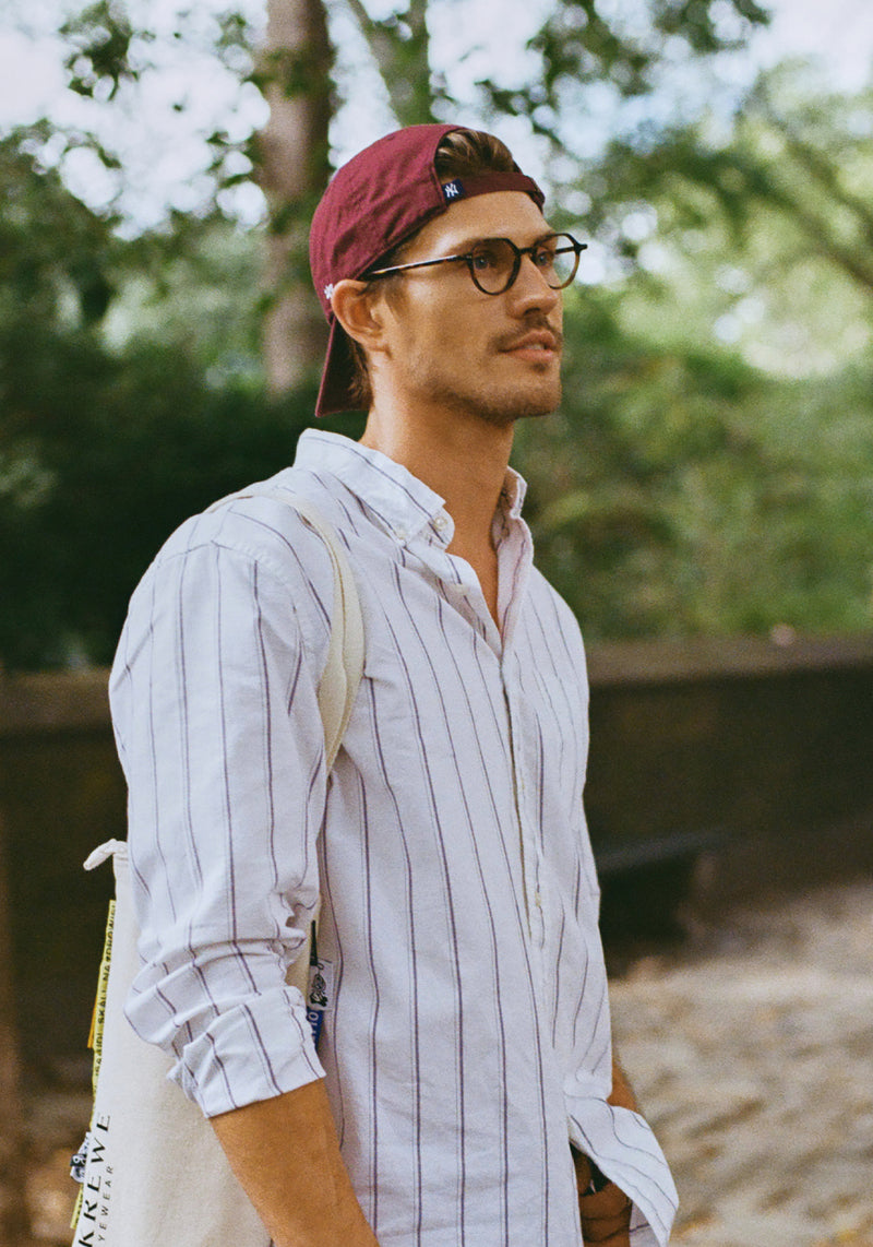 JOEL | Havana Handcrafted, luxury brown tortoise acetate small round octagonal KREWE eyeglasses mens model | Model: Linus