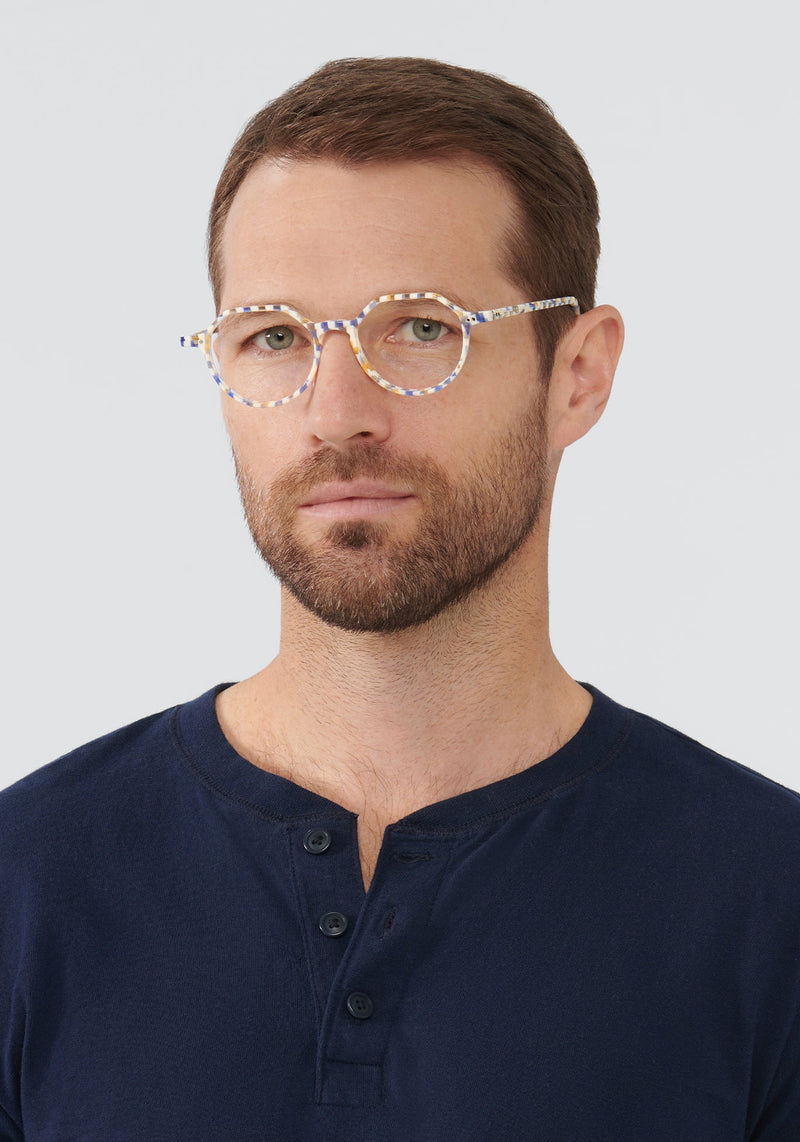KREWE EYEGLASSES - JOEL | Pincheck handcrafted, luxury blue and white checkered round glasses mens model | Model: Vince