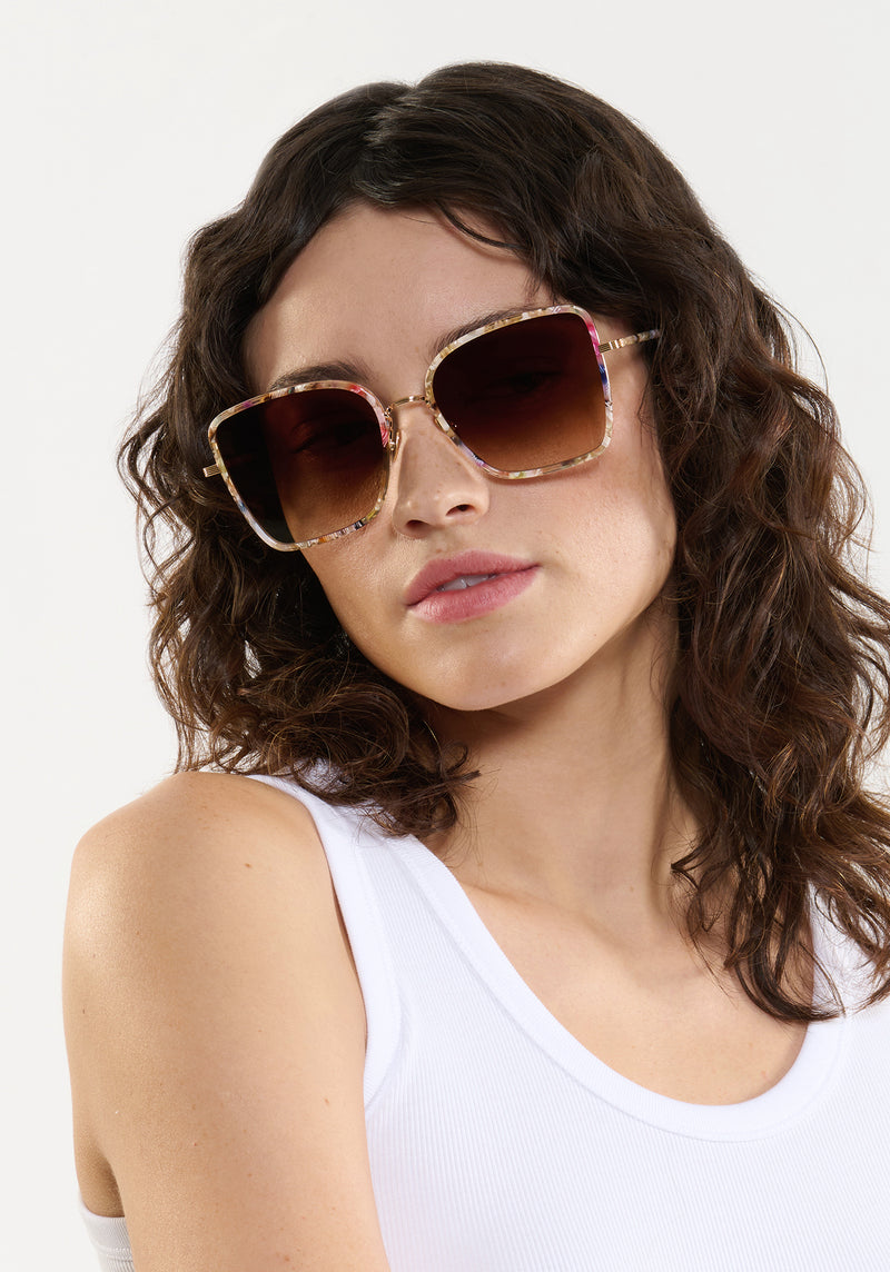 JOLENE | 18K Titanium + Glace Handcrafted, luxury titanium and pastel multicolored acetate oversized butterfly KREWE sunglasses womens model | Model: Ione