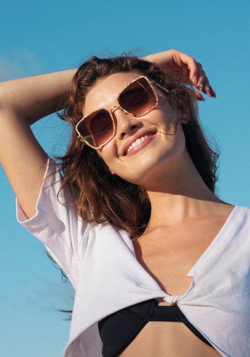 JOLENE | 18K Titanium + Glace Handcrafted, luxury titanium and pastel multicolored acetate oversized butterfly KREWE sunglasses womens model campaign | Model: Kennidy