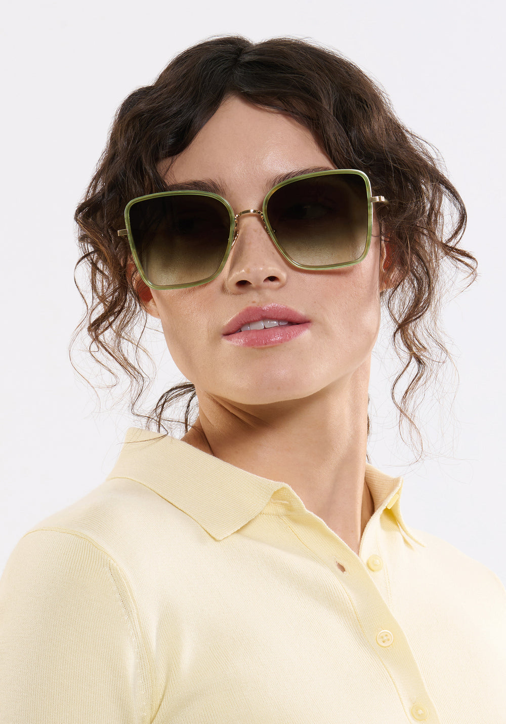 JOLENE | 12K Titanium + Selene Handcrafted, luxury titanium and light green acetate oversized butterfly KREWE sunglasses womens model | Model: Ione