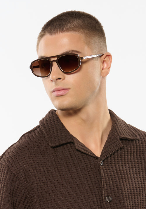 JORDAN | Bronze Metallic + 12K Handcrafted, luxury brown metallic  acetate KREWE aviator sunglasses mens model | Model: Joey