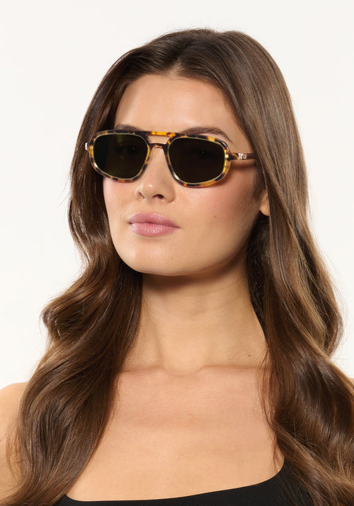 JORDAN | Nikko Tortoise + 12K Polarized Handcrafted, luxury brown tortoise acetate KREWE aviator sunglasses womens model | Model: Kennidy