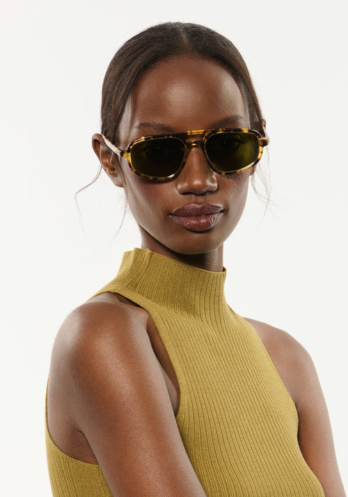 JORDAN | Nikko Tortoise + 12K Polarized Handcrafted, luxury brown tortoise acetate KREWE aviator sunglasses womens model | Model: Brenda
