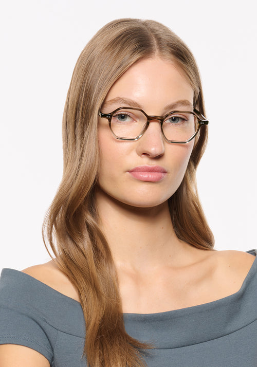 JULIEN | Coastal Fade Handcrafted luxury brown and clear acetate square geometric KREWE eyeglasses womens model | Model: Isa