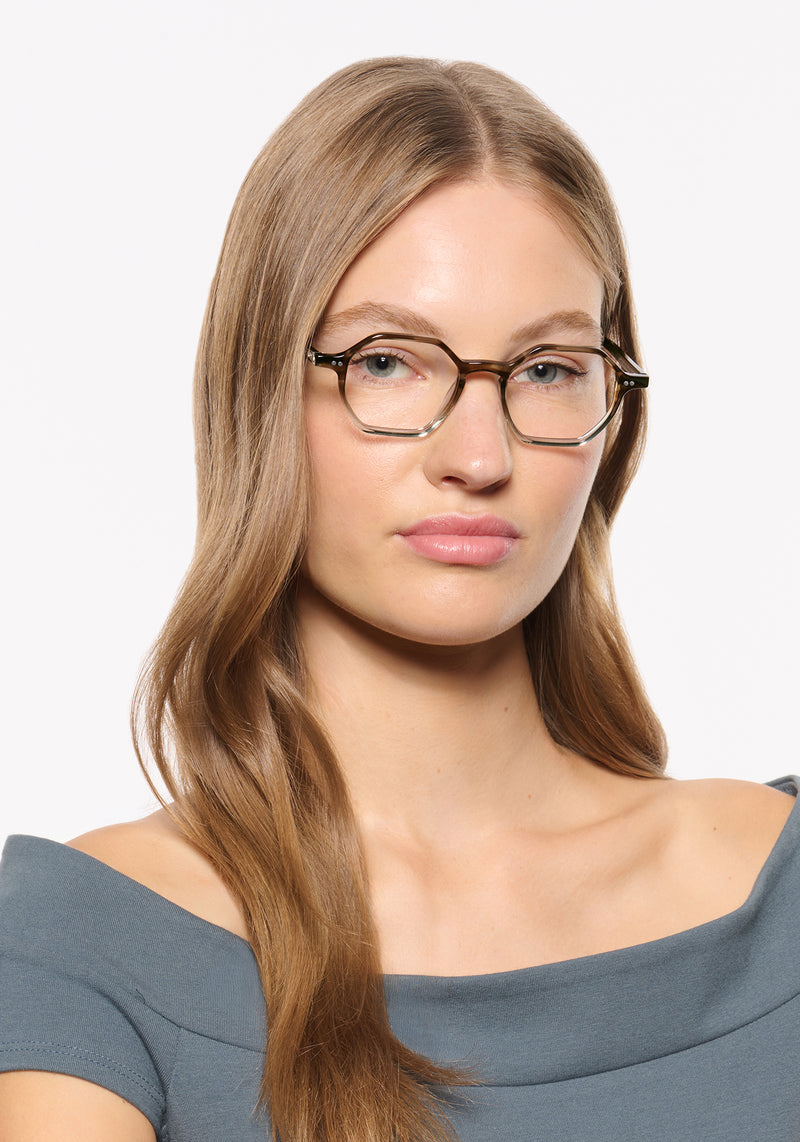 JULIEN | Coastal Fade Handcrafted luxury brown and clear acetate square geometric KREWE eyeglasses womens model | Model: Isa