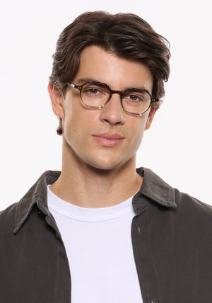 JULIEN | Coastal Fade Handcrafted luxury brown and clear acetate square geometric KREWE eyeglasses mens model | Model: Brent