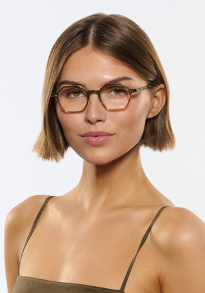 KREWE - JULIEN | Wasabi Handcrafted, luxury green and orange acetate eyeglasses womens model | Model: Michelle