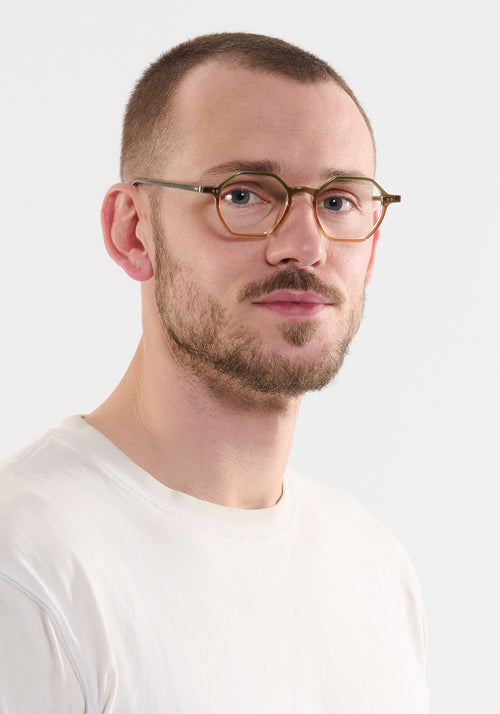 KREWE - JULIEN | Wasabi Handcrafted, luxury green and orange acetate eyeglasses mens model | Model: Connor