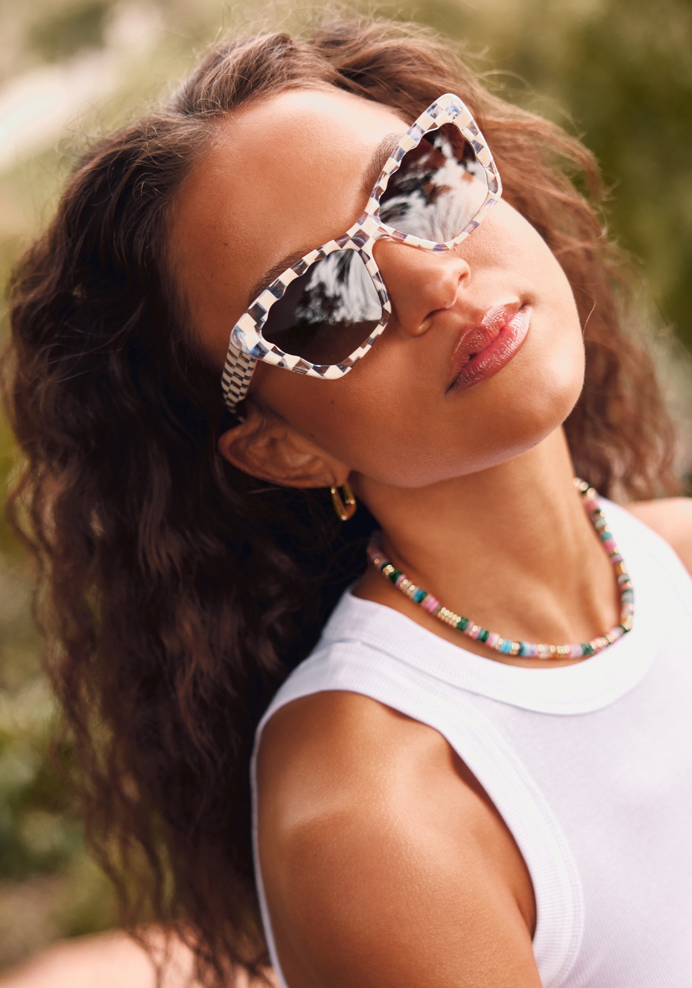 BRIGITTE | Gingham Handcrafted, Blue and White Checkered Acetate KREWE Sunglasses womens model campaign | Model: Morgan