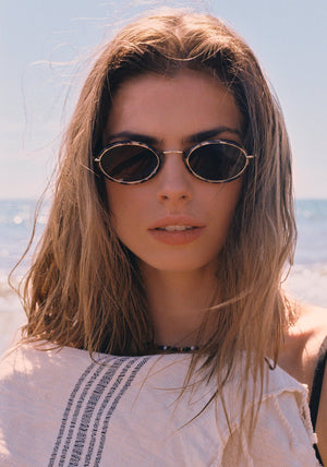 KATE | 12K + Nikko Tortoise Handcrafted, luxury light brown tortoise acetate and stainless steel small oval KREWE sunglasses womens model | Model: Gwen
