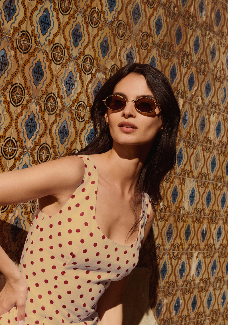 KATE | 12K + Nikko Tortoise Handcrafted, luxury light brown tortoise acetate and stainless steel small oval KREWE sunglasses womens model | Model: Patricia