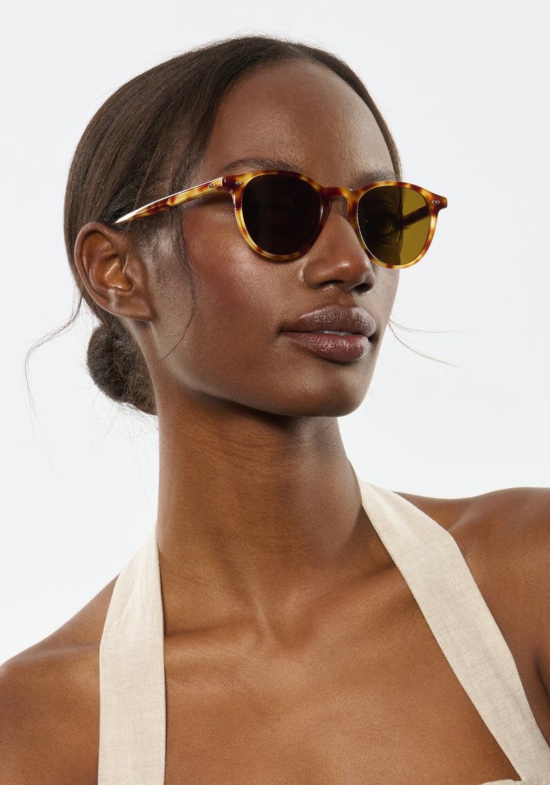 LANDRY | Hawksbill Handcrafted, luxury brown tortoise acetate round KREWE sunglasses  womens model | Model: Brenda