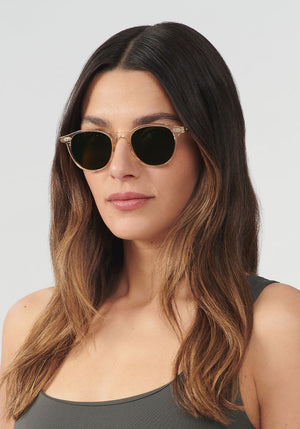 KREWE SUNGLASSES - LANDRY | Haze Polarized handcrafted, luxury yellow tinted acetate round sunglasses womens model | Model: Olga