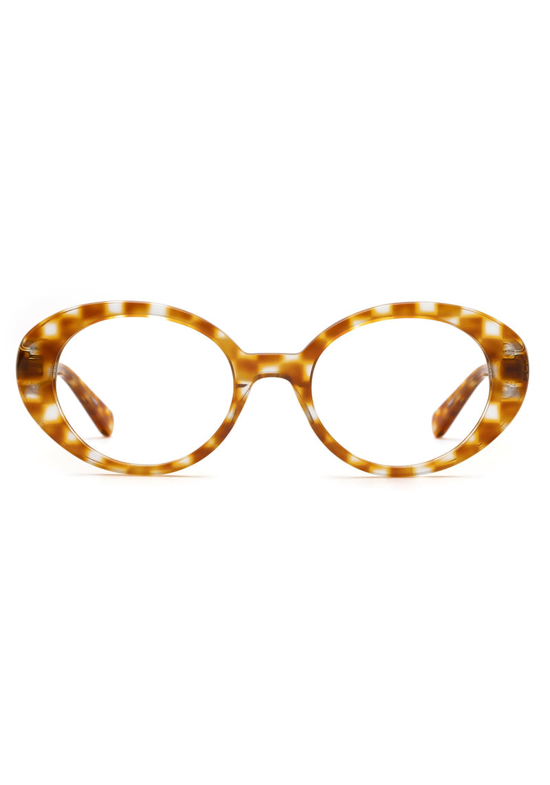 LAUREL | Amaretto Handcrafted, luxury dark brown checkered acetate round oval KREWE eyeglasses
