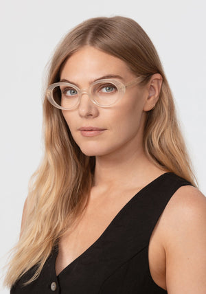 LAUREL | Blonde Handcrafted, luxury tan acetate round oval KREWE eyeglasses womens model | Model: Maritza