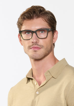 LEE | Matte Palm Handcrafted, luxury matte green acetate square rectangle KREWE eyeglasses mens model | Model: Linus