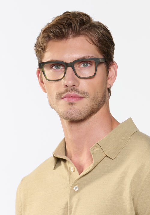 LEE | Matte Palm Handcrafted, luxury matte green acetate square rectangle KREWE eyeglasses mens model | Model: Linus