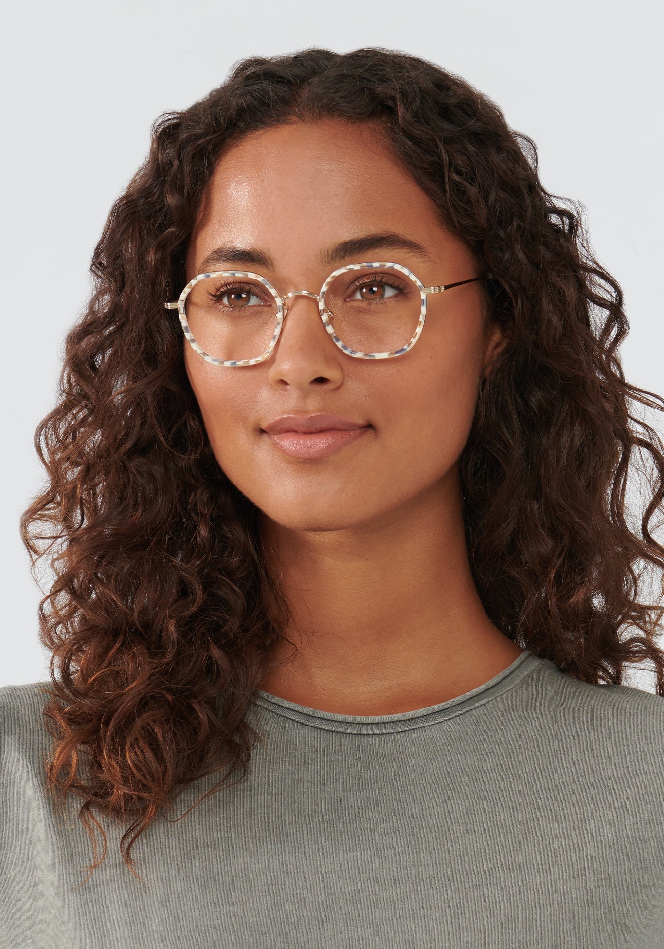 KREWE - LEIGHTON | 12K Titanium + Pincheck handcrafted, luxury blue and white checkered octaginal eyeglasses with 12k gold plated metal hardware womens model | Model: Meli