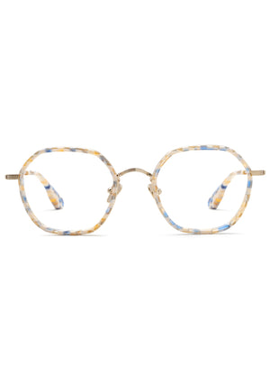 KREWE - LEIGHTON | 12K Titanium + Pincheck handcrafted, luxury blue and white checkered octaginal eyeglasses with 12k gold plated metal hardware