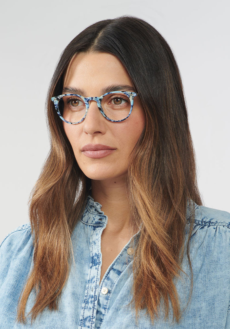 KREWE - Designer Round Eyeglasses - LISBON | Azul Handcrafted, luxury blue patterned acetate eyeglasses. Similar to Oliver Peoples eyeglasses, moscot eyeglasses, warby parker eyeglasses womens model | Model: Olga