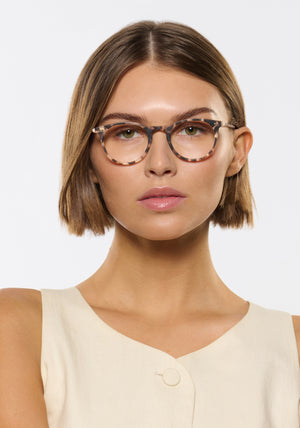 LISBON | Matte Sunday Tortoise Handcrafted, luxury brown tortoise small round KREWE eyeglasses women's model | Model: Michelle