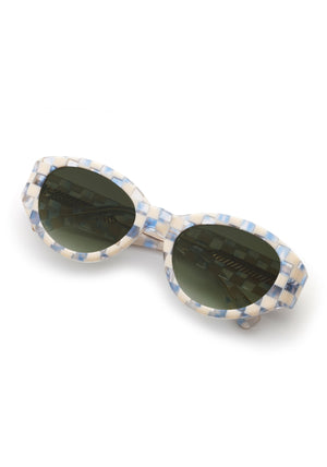 LUCY | Gingham over Crystal Handcrafted, luxury blue and white checkered acetate medium sized oval wrap KREWE sunglasses