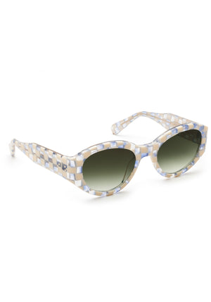 LUCY | Gingham over Crystal Handcrafted, luxury blue and white checkered acetate medium sized oval wrap KREWE sunglasses
