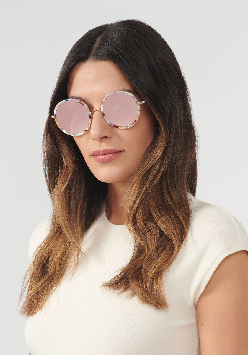 KREWE - LUISA | Gelato 18K Rose Mirrored handcrafted, luxury colorful round oversized sunglasses womens model | Model: Olga