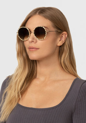 KREWE - LUISA | Yuzu 12K handcrafted, luxury round oversized yellow checkered sunglasses womens model | Model: Maritza