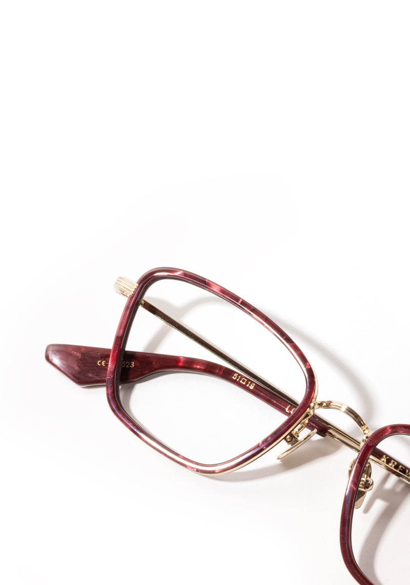 LUNA | 12K Titanium + Bordeaux Handcrafted, luxury burgundy acetate and titanium cat-eye KREWE eyeglasses womens model