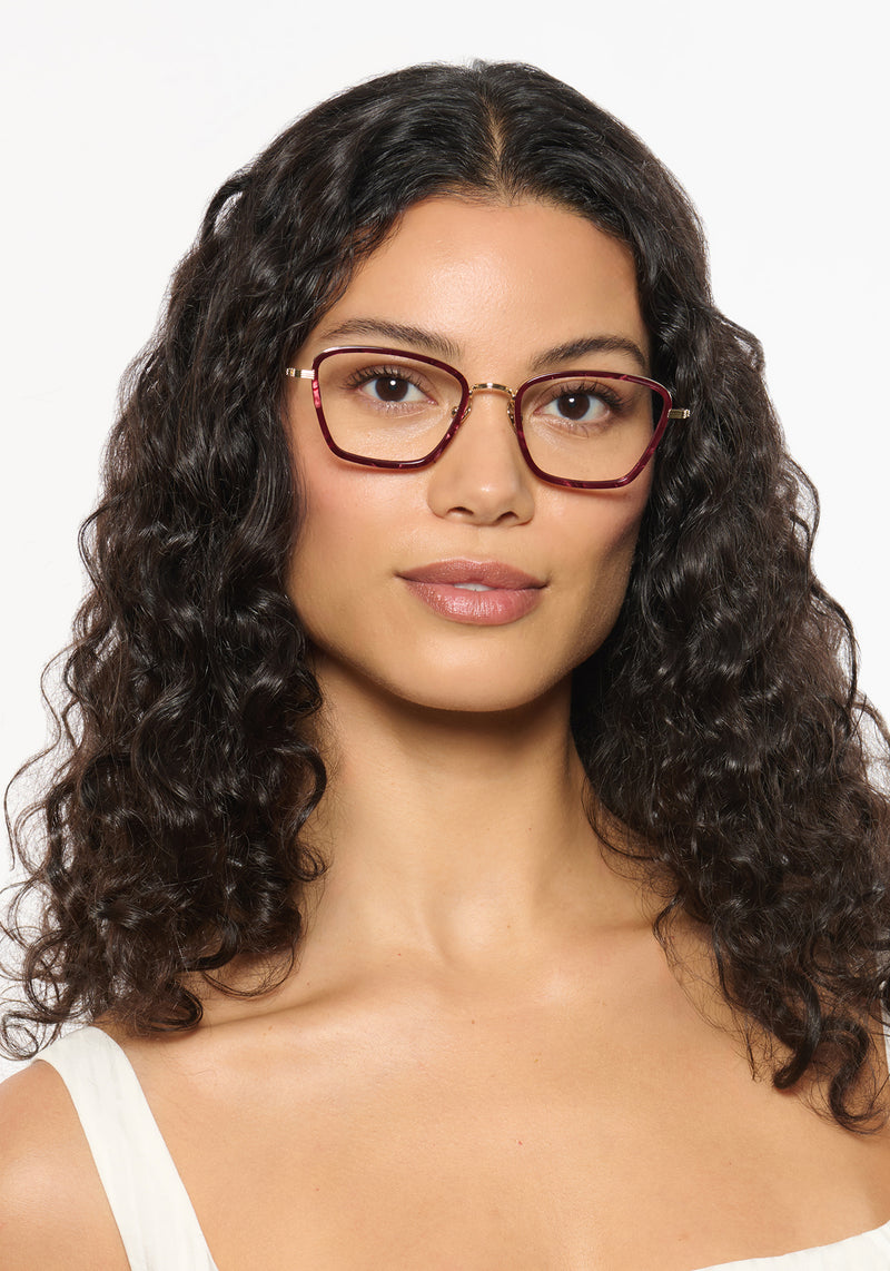 LUNA | 12K Titanium + Bordeaux Handcrafted, luxury burgundy acetate and titanium cat-eye KREWE eyeglasses womens model | Model: Jessika
