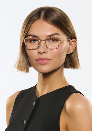 LUNA | 12K Titanium + Poppy Handcrafted, luxury multicolored acetate and titanium cat-eye KREWE eyeglasses womens model | Model: Michelle