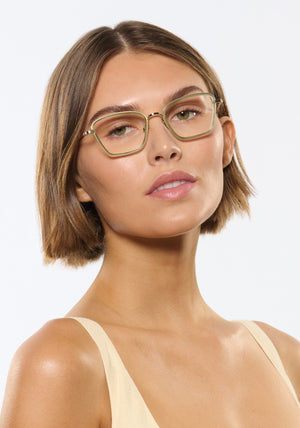 LUNA | 12K Titanium + Selene Handcrafted, luxury light green acetate and titanium cat-eye KREWE eyeglasses women's model | Model: Michelle