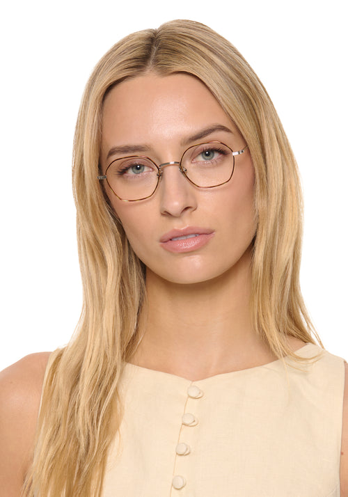 MARCEL | Silver Sahara Titanium handcrafted, luxury silver and light brown tortoise detailed metal eyeglasses womens model | Model: Isabelle