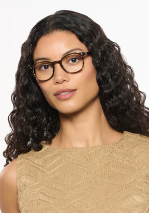 MARENGO | Kombu Handcrafted luxury brown tortoise acetate small round KREWE eyeglasses womens model | Model: Jessika