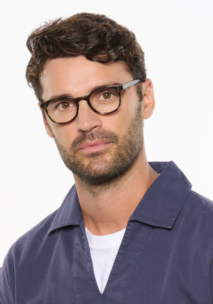 MARENGO | Kombu Handcrafted luxury brown tortoise acetate small round KREWE eyeglasses mens model | Model: Ryan A.