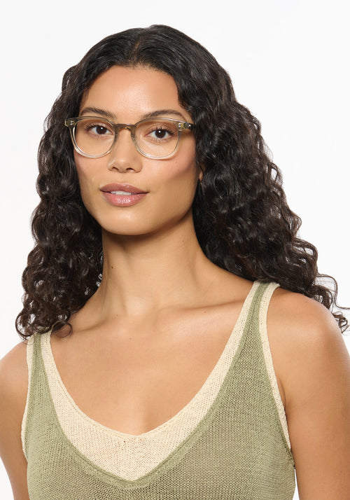 MARENGO | Sandstone Handcrafted luxury beige acetate small round KREWE eyeglasses womens model | Model: Jessika