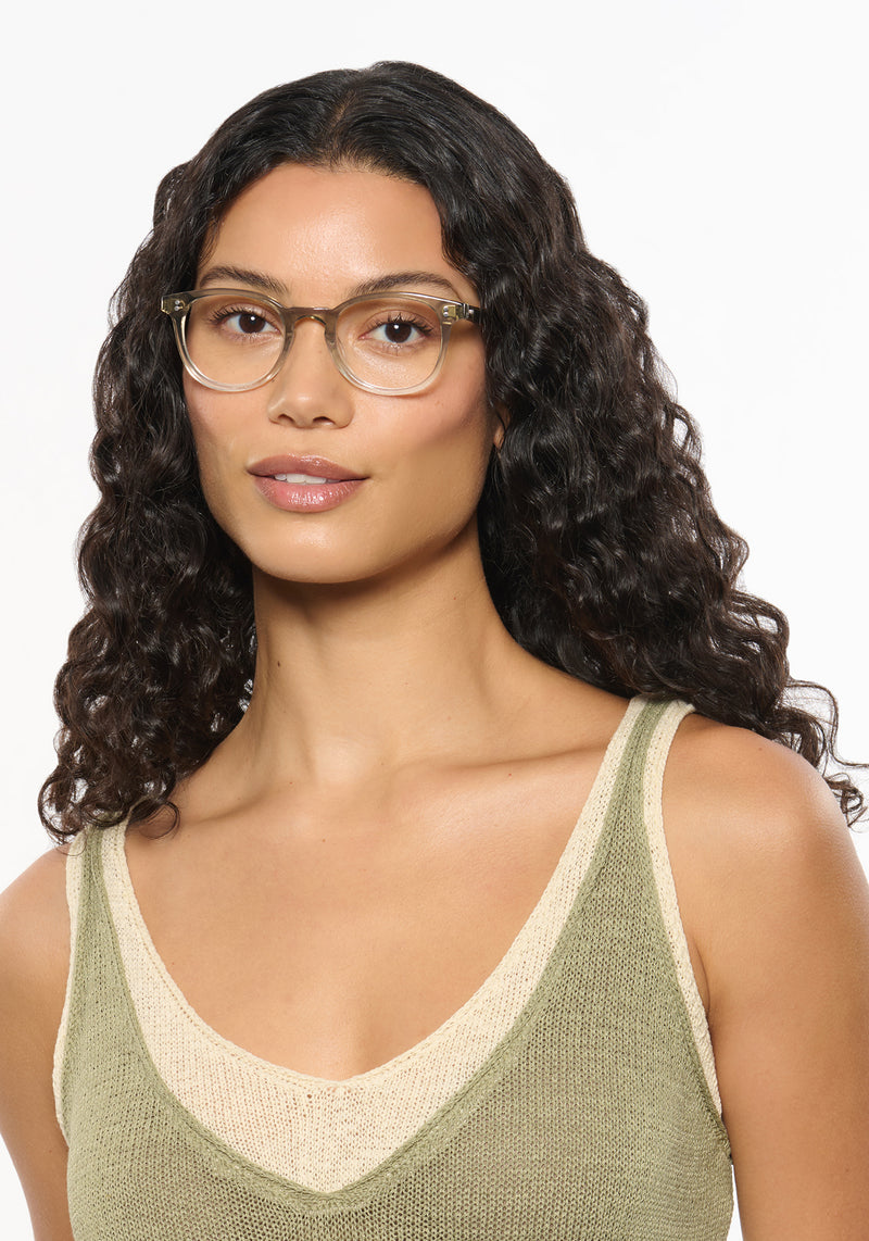 MARENGO | Sandstone Handcrafted luxury beige acetate small round KREWE eyeglasses womens model | Model: Jessika