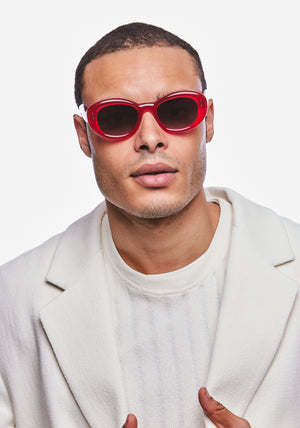MARGARET | Cherry Handcrafted, luxury red acetate medium sized oval bubble frame KREWE sunglasses mens model | Model: Jeffrey